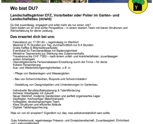 Landschaftsgärtner EFZ Arbeitsstelle ab sofort